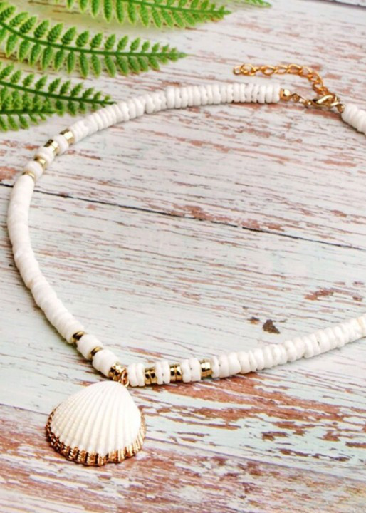 Boho Beaded Necklace - Natural Shell Pendant