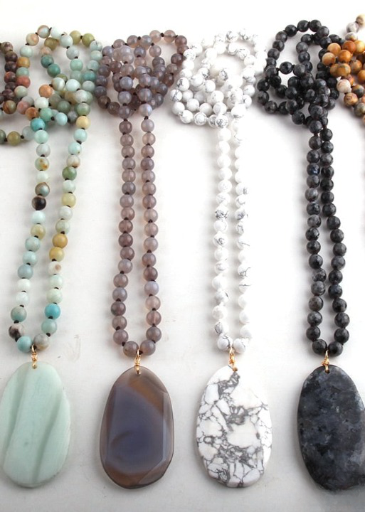 Boho Beaded Necklace - Natural Stone Pendant