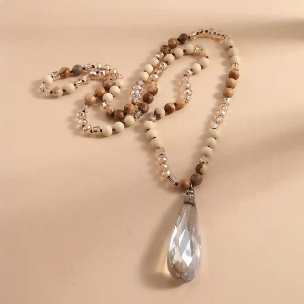 Boho Beaded Necklace - Teardrop Crystal Pendant