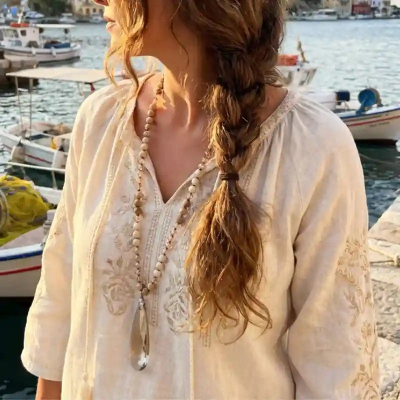 Boho Beaded Necklace - Teardrop Crystal Pendant