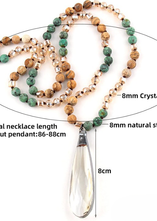 Boho Beaded Necklace - Teardrop Crystal Pendant