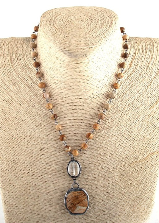 Boho Beaded Necklace Crystal Pendant