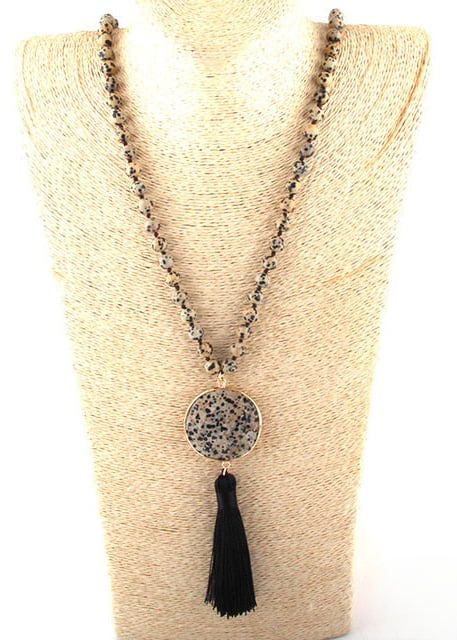 Boho Beaded Necklace Pompom Pendant