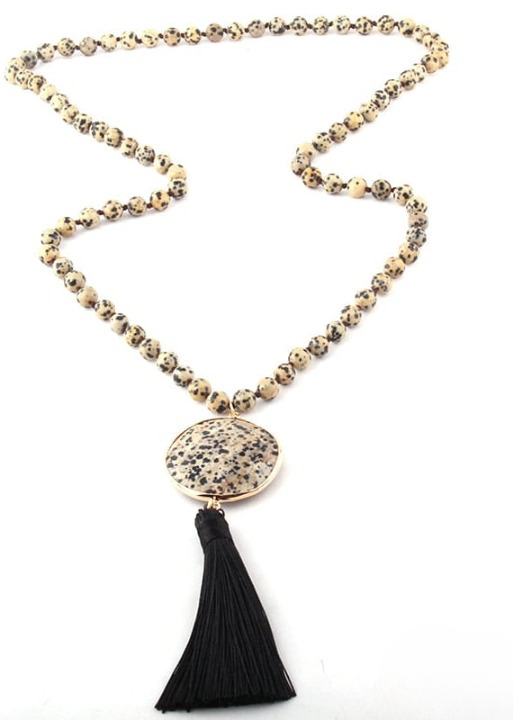 Boho Beaded Necklace Pompom Pendant