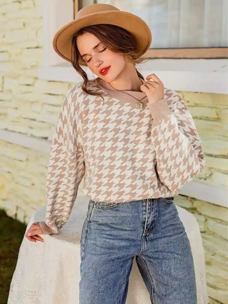 Boho Beige Houndstooth Sweater