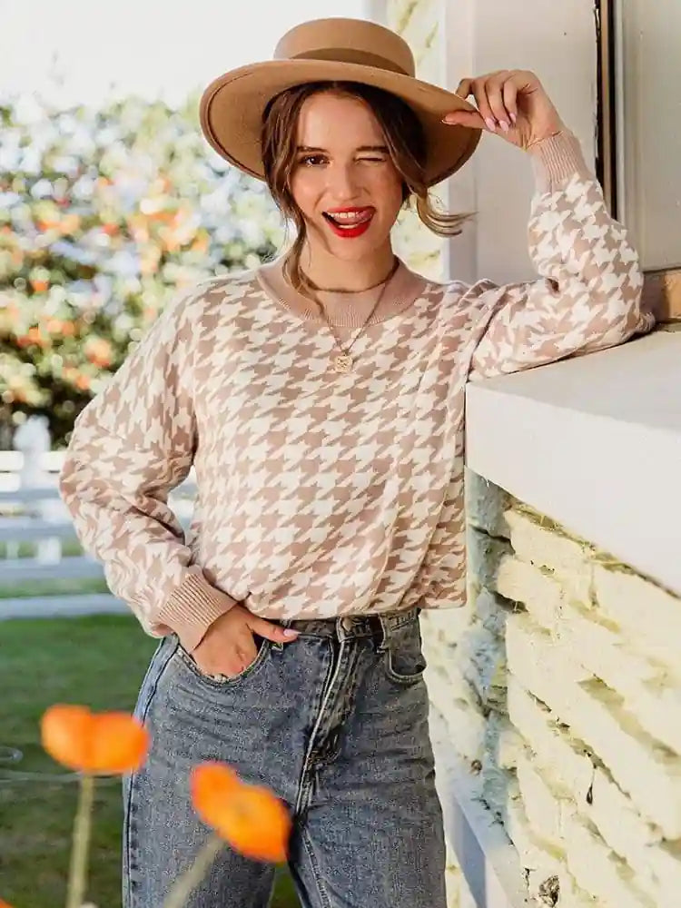 Boho Beige Houndstooth Sweater