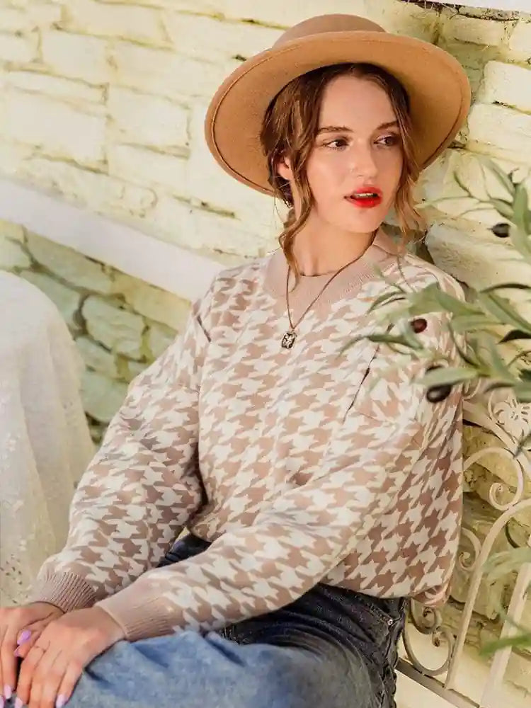 Boho Beige Houndstooth Sweater