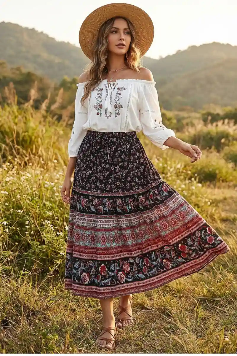 Boho Black Floral Print Skirt