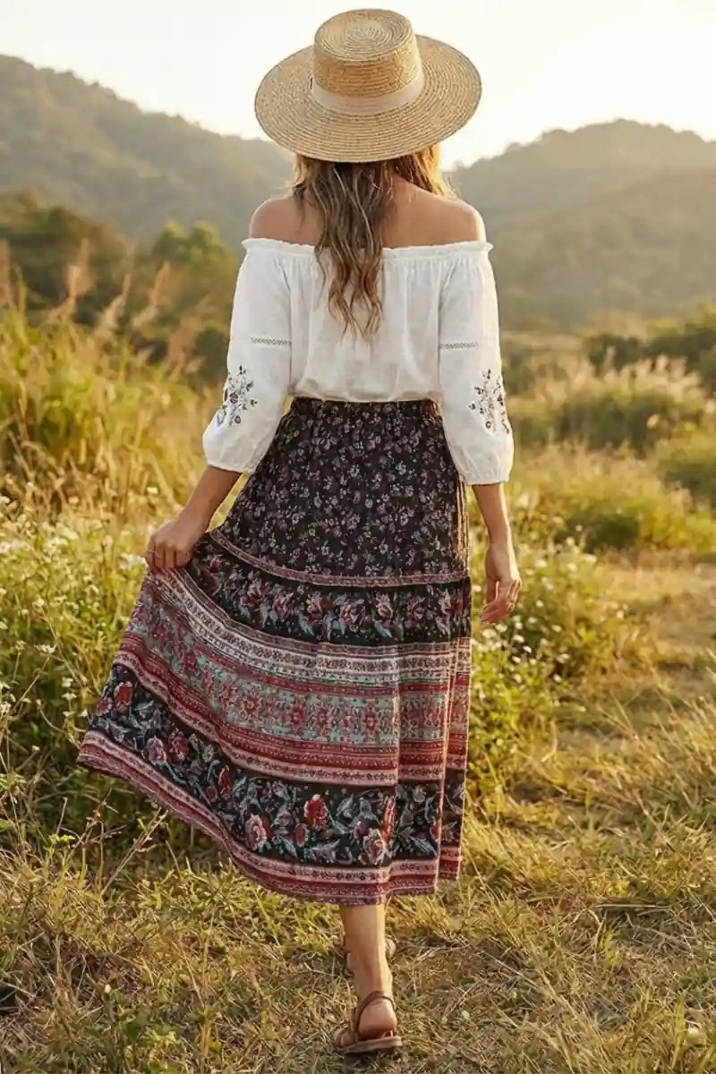 Boho Black Floral Print Skirt