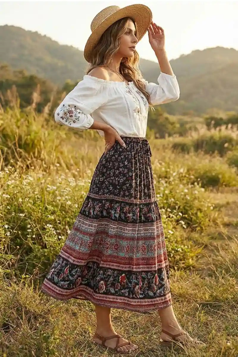 Boho Black Floral Print Skirt