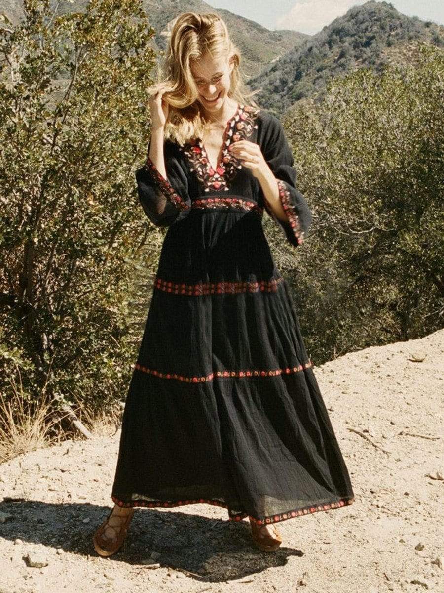 long black boho dress A-Line Lace Appliqued Wedding Bridal Gown WD744 US4 / Custom Color while the embroidered floral patterns add dimension and softness to the bold black tone KissProm Modern Gothic Boho Lace
