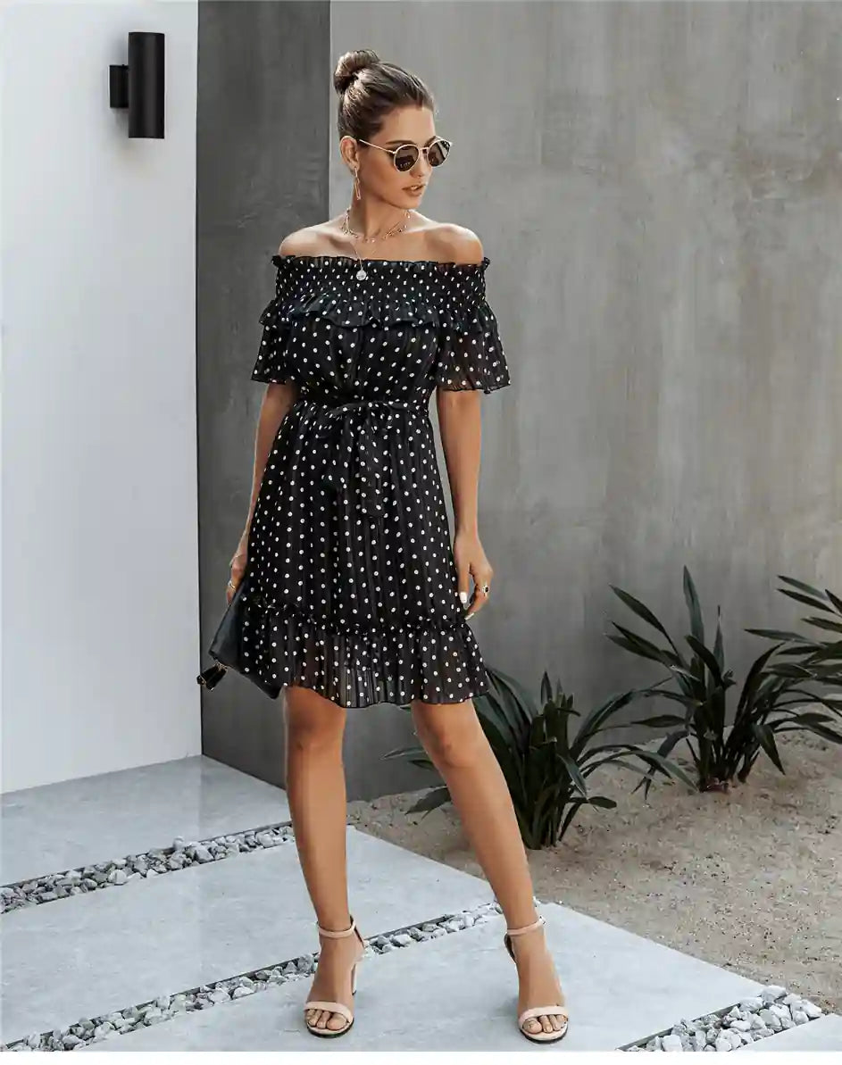 Boho Black Mini Dress with Polka Dots