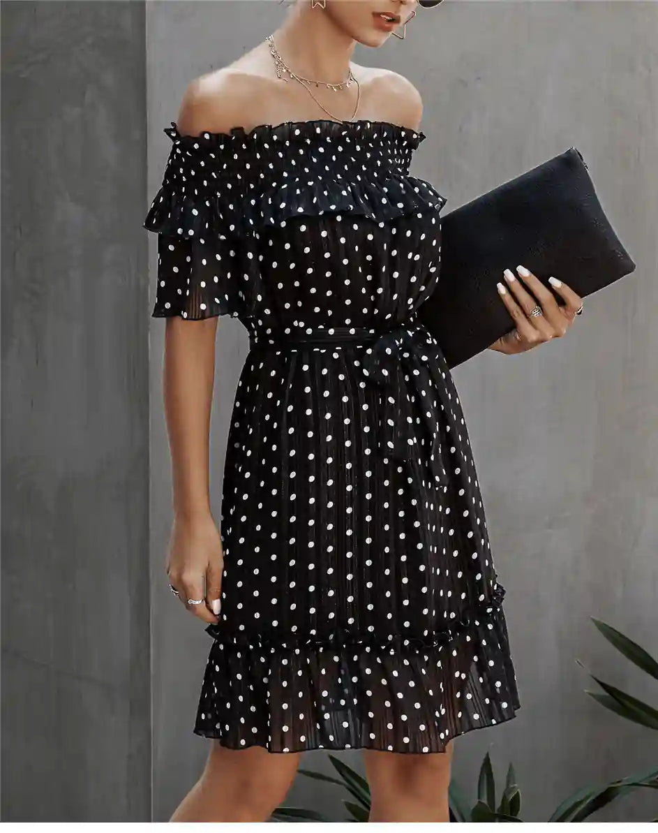 Boho Black Mini Dress with Polka Dots