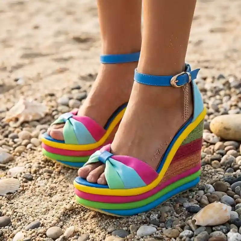 Boho Blue Wedge Sandals Rainbow