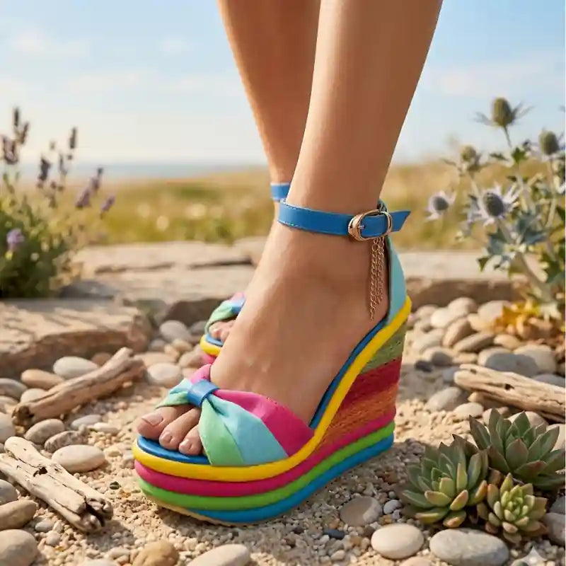 Boho Blue Wedge Sandals Rainbow
