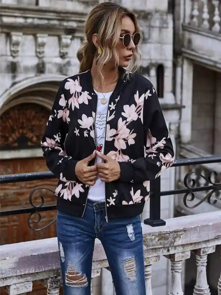 Boho Bomber Jacket with Floral Print