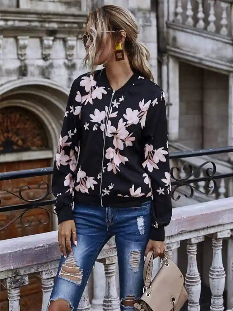 Boho Bomber Jacket with Floral Print