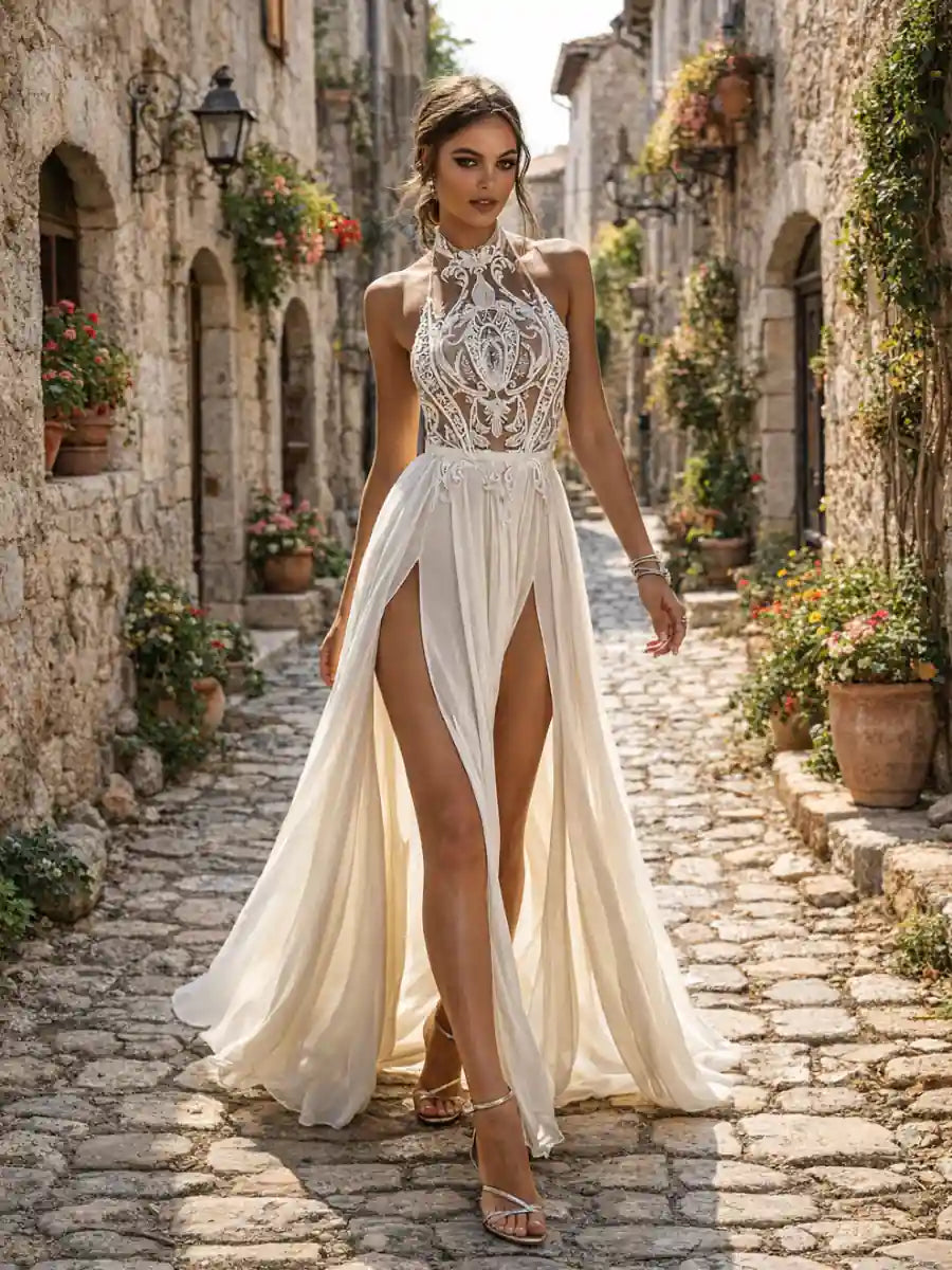 Boho Bridal Dress with Side Slit