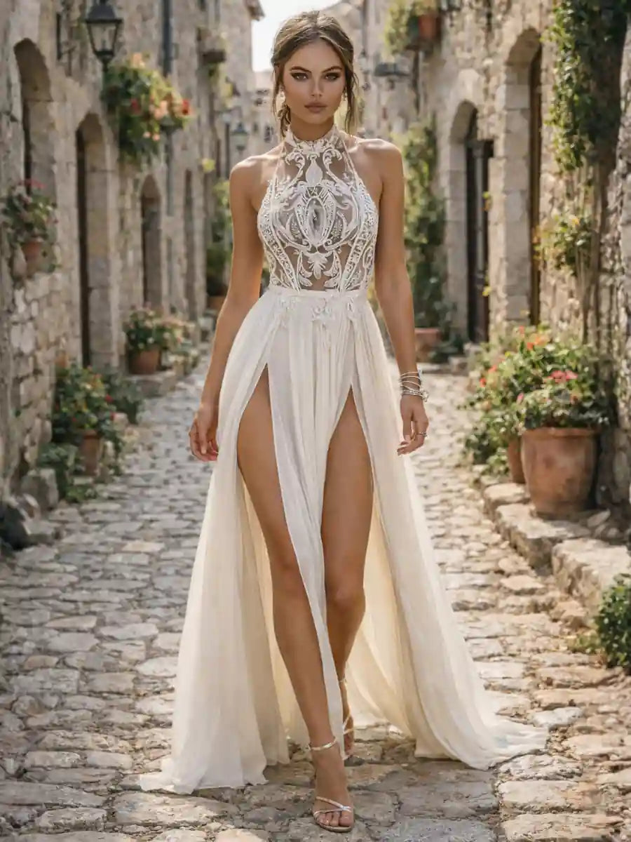 boho wedding dress with slit Off Shoulder Lace Top Side Slit Boho Wedding Dresses, Long Wedding Dresses