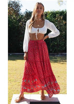 Boho Bright red maxi Skirt with floral pattern