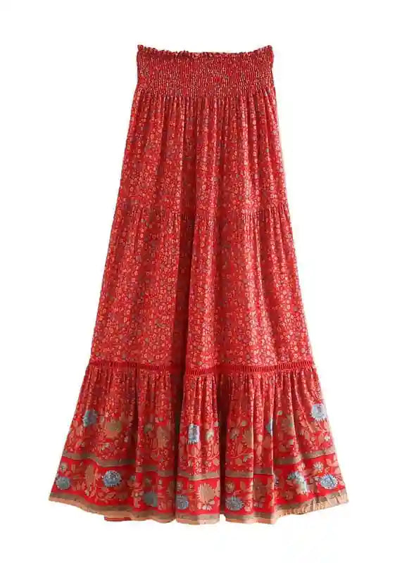 Boho Bright red maxi Skirt with floral pattern