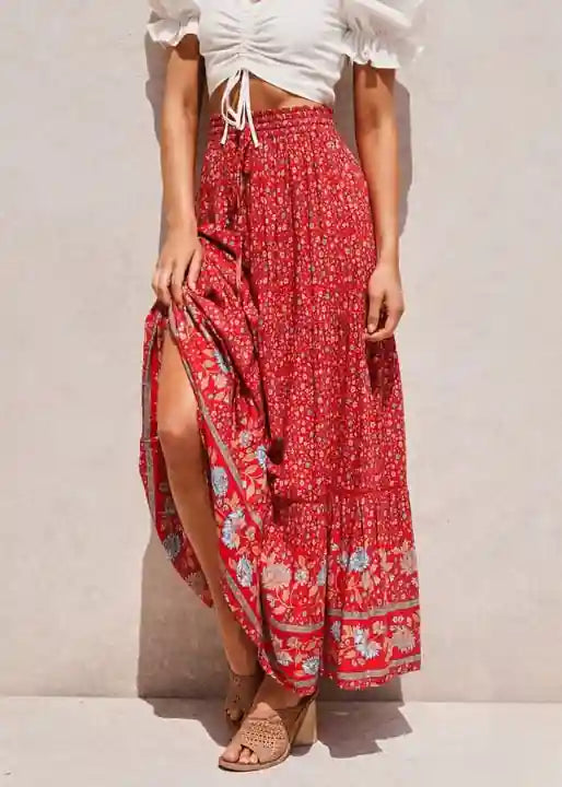 Boho Bright red maxi Skirt with floral pattern