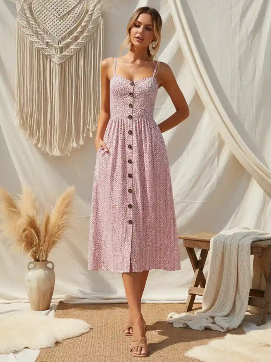 bohemian pink midi dress Boho Floral Tie Back Midi Sundress