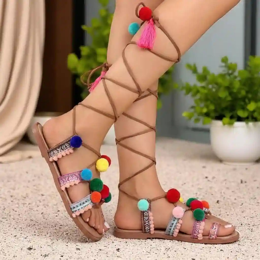 Boho Colorful Pompoms Sandals