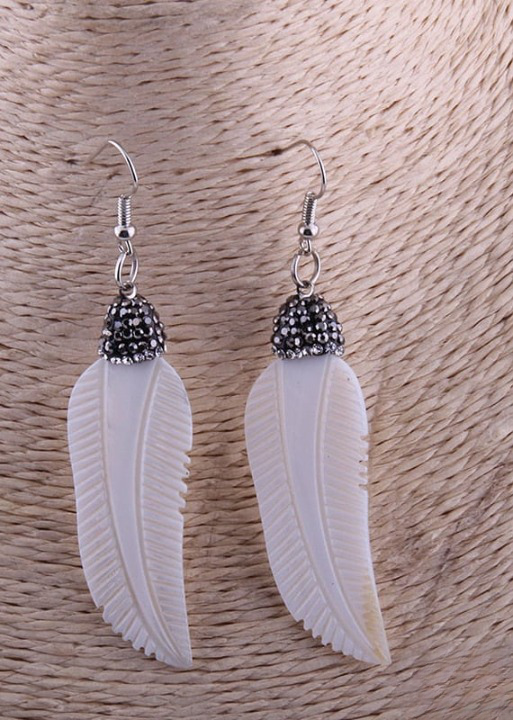Boho Dangle Earrings - White Shell Leaf Clay