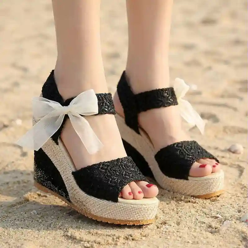 Boho Elegant Black Wedge Sandals