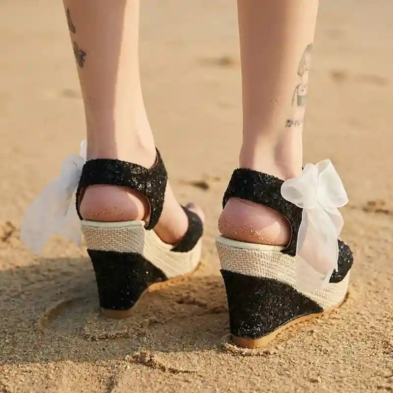 Boho Elegant Black Wedge Sandals