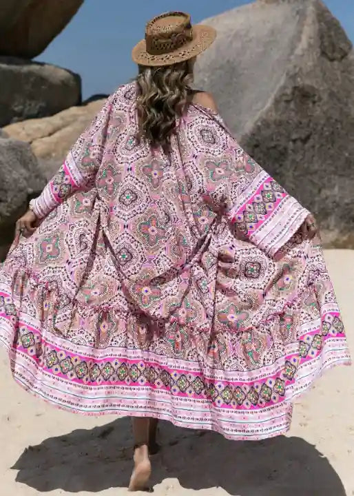 Boho Flared Pink Kimono Tribal Print