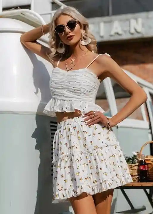 Boho Flared mini Skirt white with floral pattern