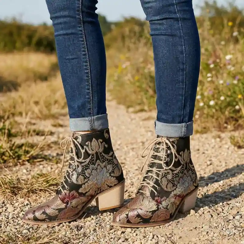 Boho Floral Embroidered Ankle Boots