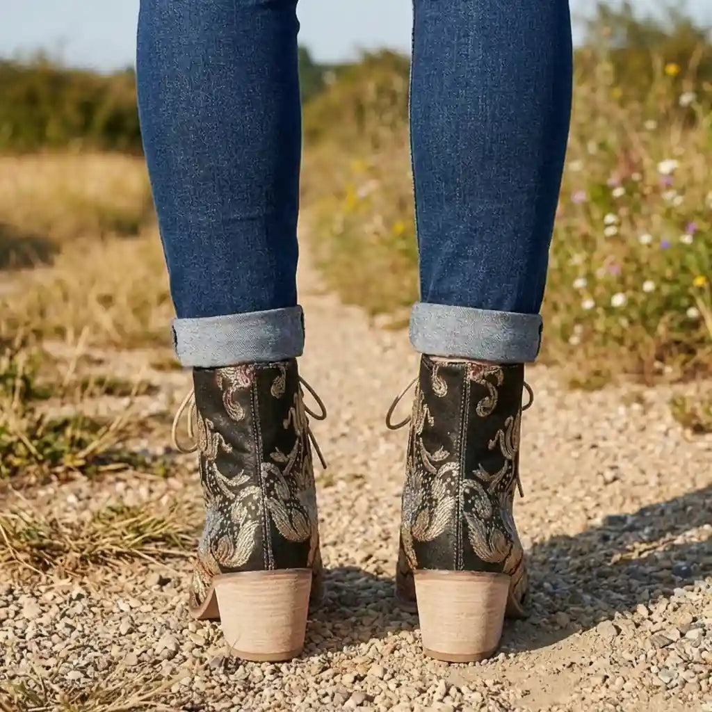 Boho Floral Embroidered Ankle Boots