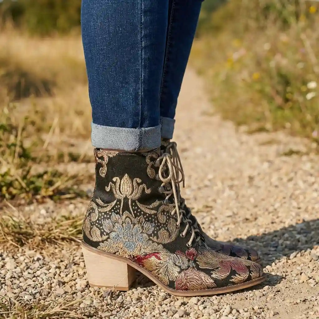 Boho Floral Embroidered Ankle Boots