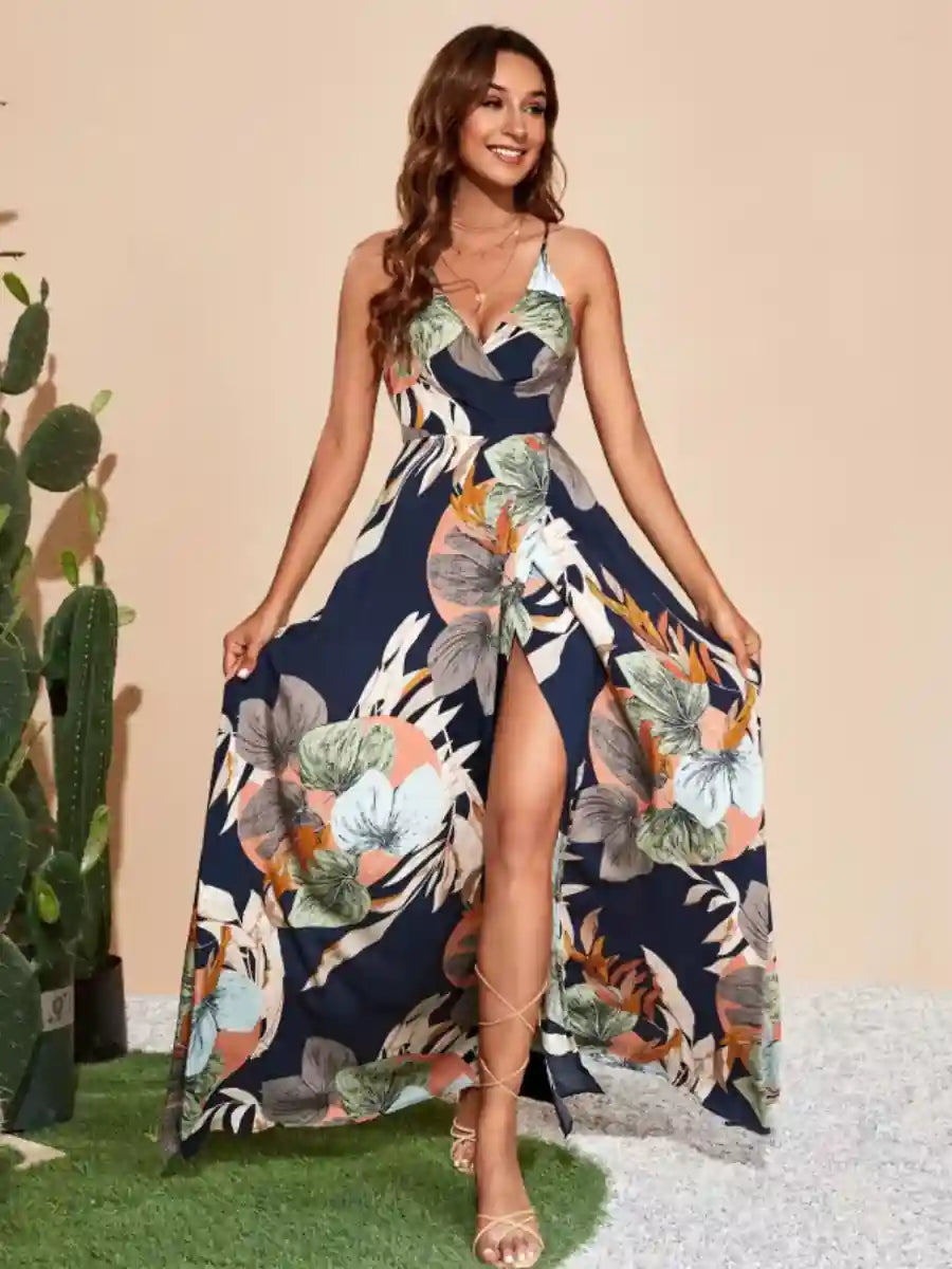 Boho Floral Print Split Maxi Dress