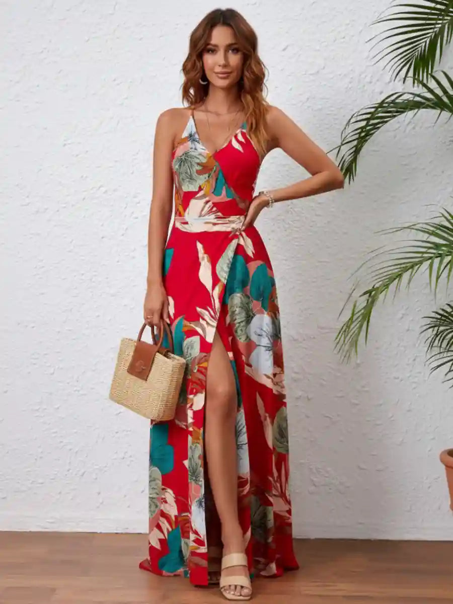 Boho Floral Print Split Maxi Dress
