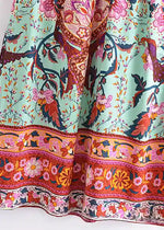 Boho Green maxi Skirt with pink floral print and Slits