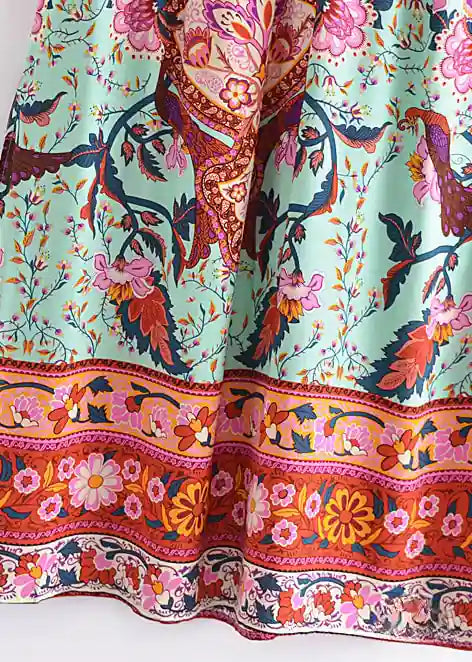Boho Green maxi Skirt with pink floral print and Slits