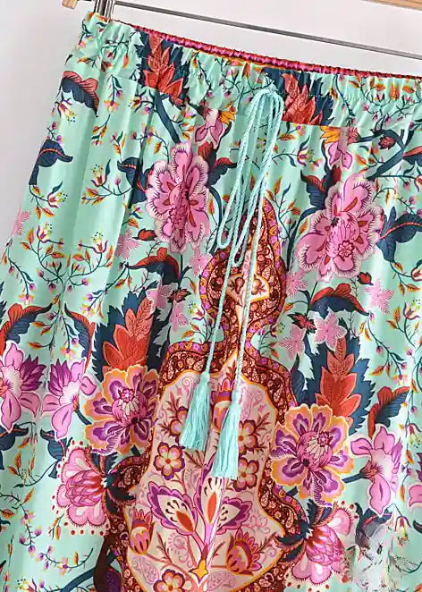 Boho Green maxi Skirt with pink floral print and Slits