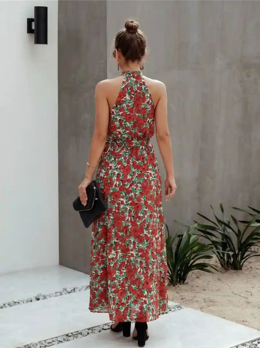 boho halter dress Womens Green Floral Maxi Backless Summer Beach Gown 68Large Boho Halter Maxi Dress |