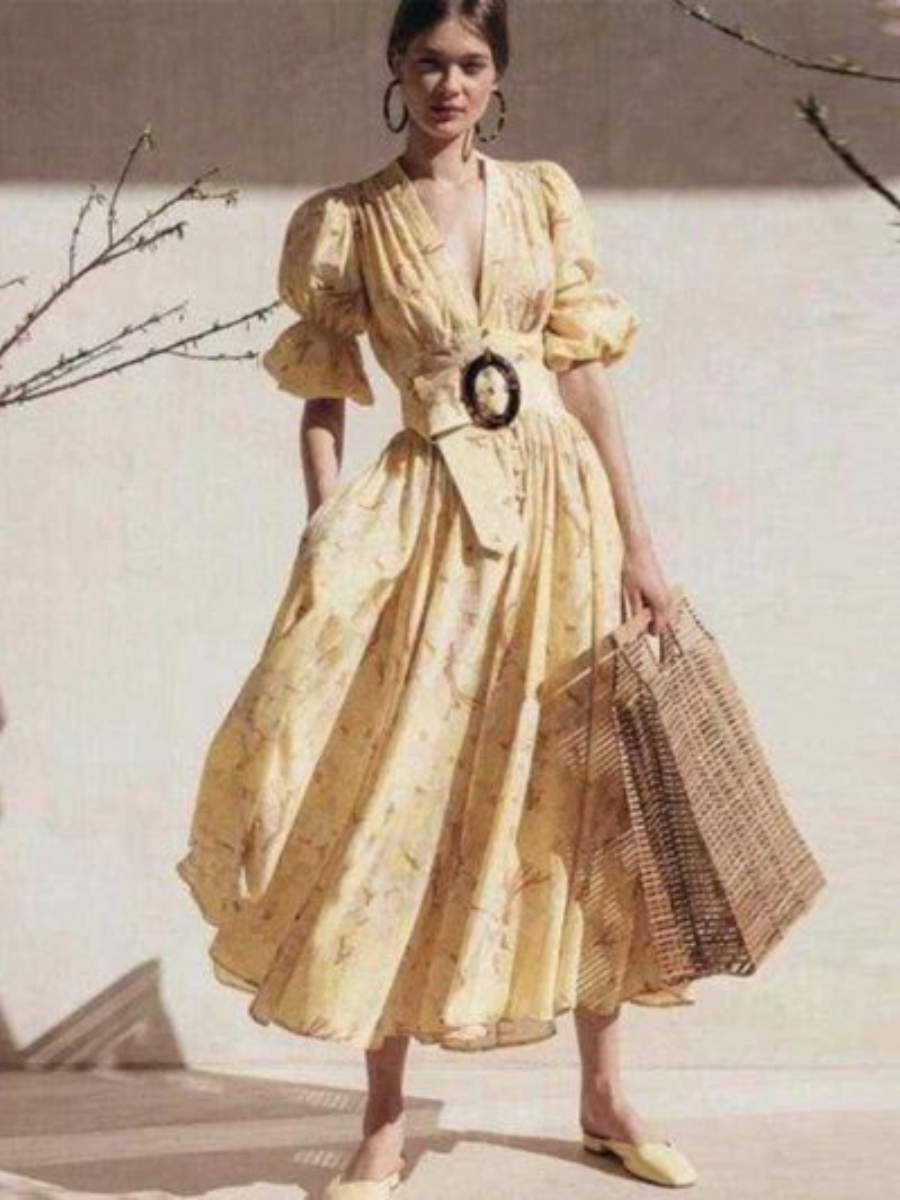 Boho Hippie Dress with Floral Print in Yellow