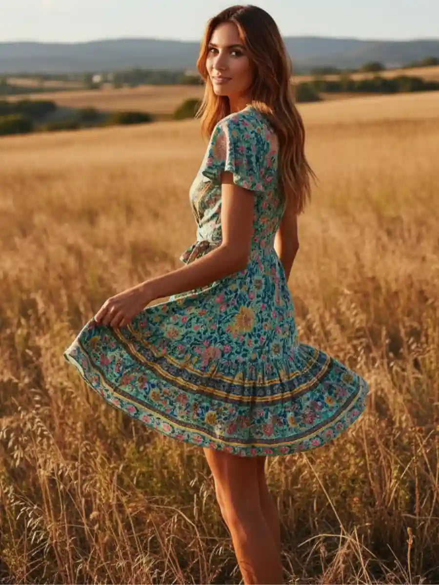 boho floral mini dress Blue and White Floral Mini Dress with Tie Straps