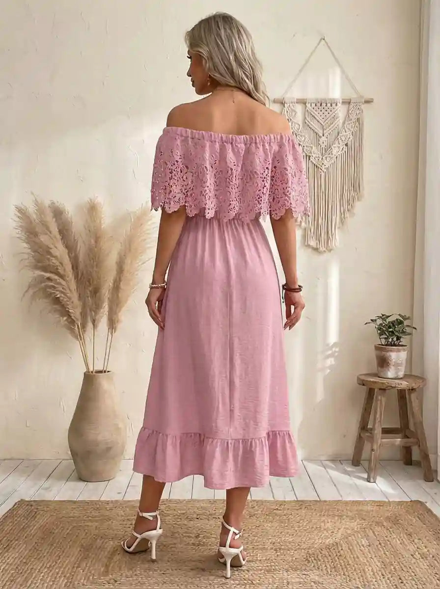 pink lace boho dress Boho Pink Wedding Dress,boho Lace Trim Maxi Dress,photoshoots Wedding Dress,maternity Photoshoots Lace Trim Maxi Dress,plus Size Dress