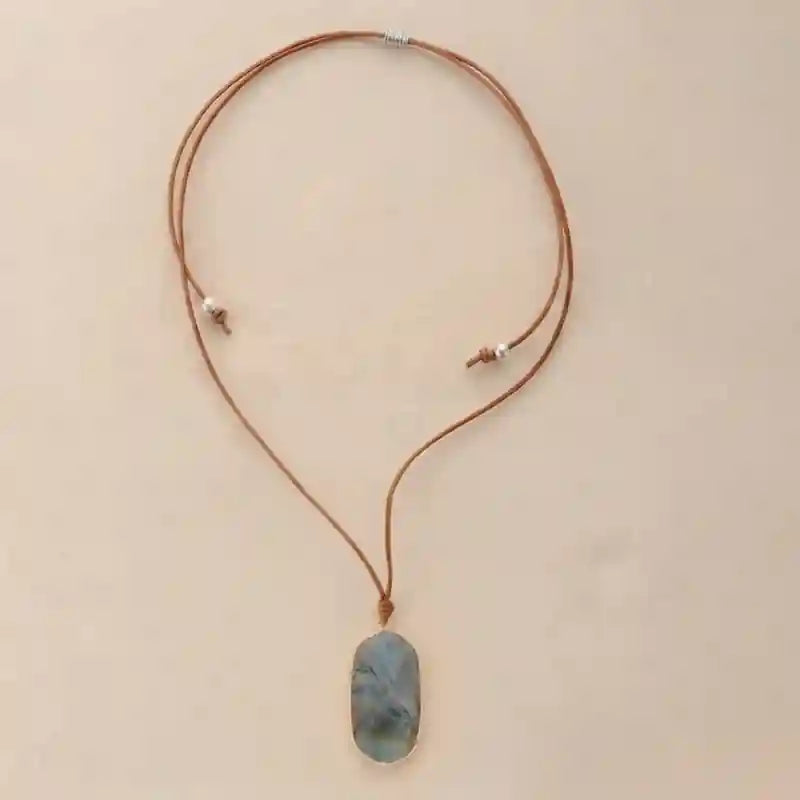 Boho Leather Necklace - Natural Stone Pendant