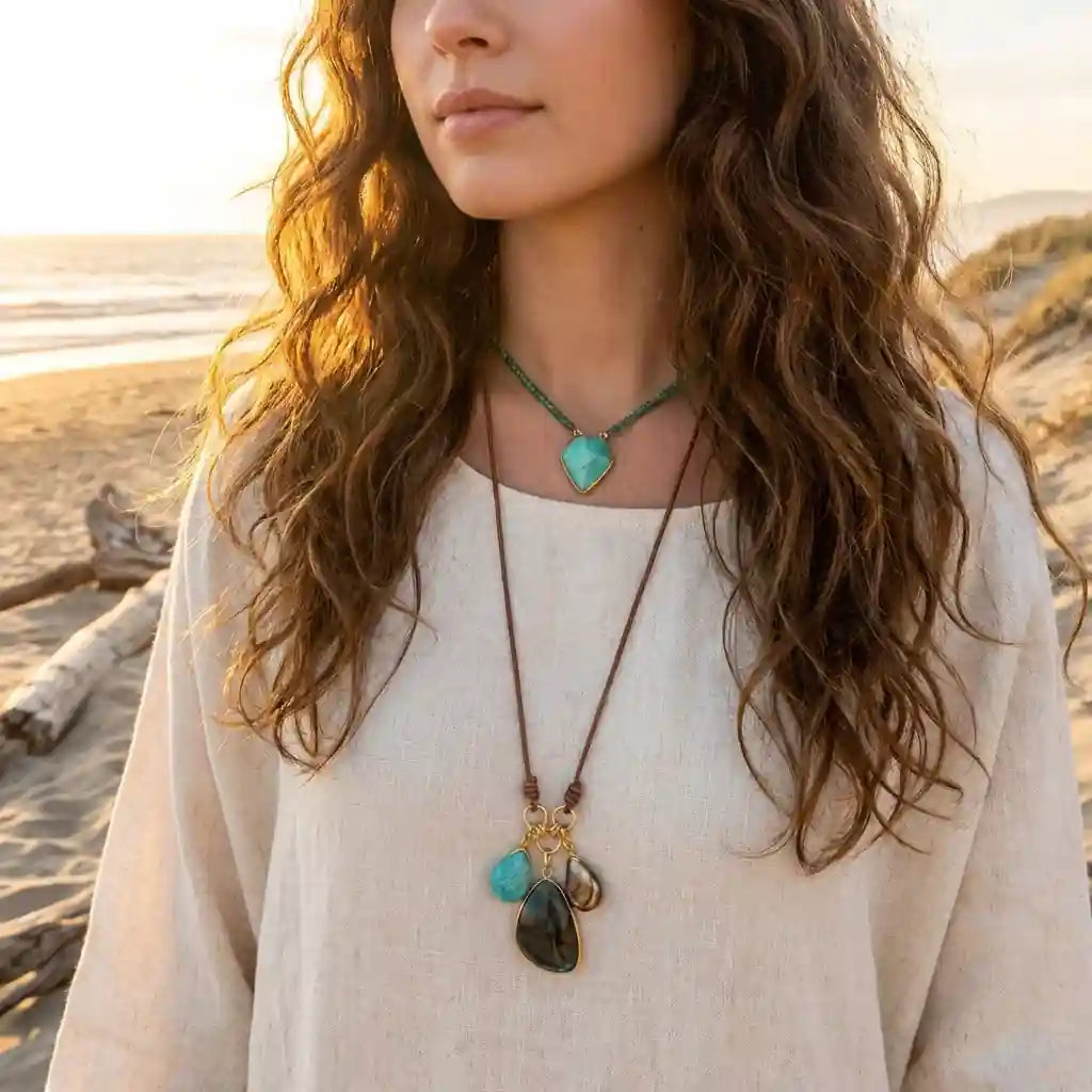 Boho Leather Necklace with Natural Stone