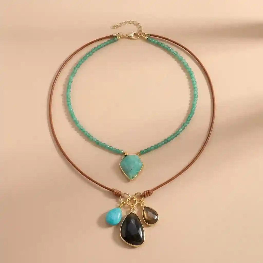Boho Leather Necklace with Natural Stone
