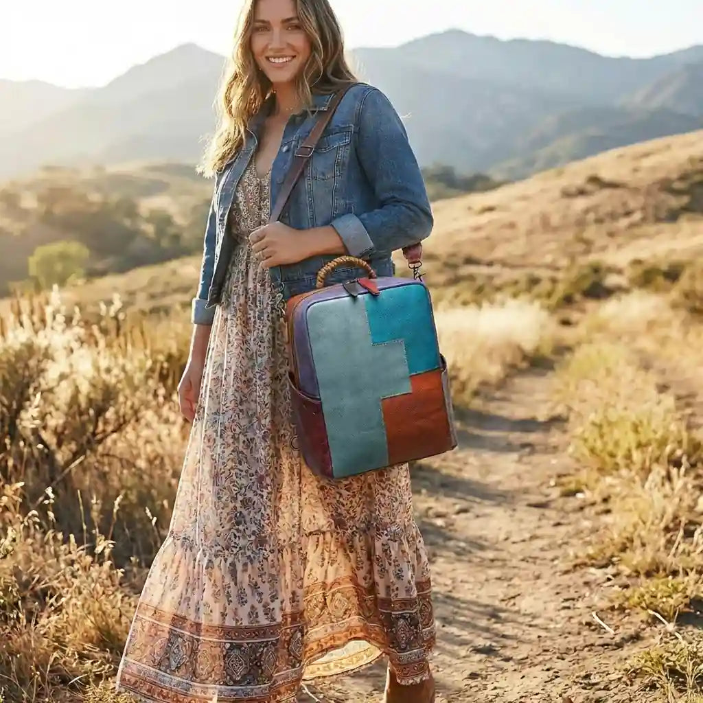Boho Leather Patchwork Backpack 2-in-1