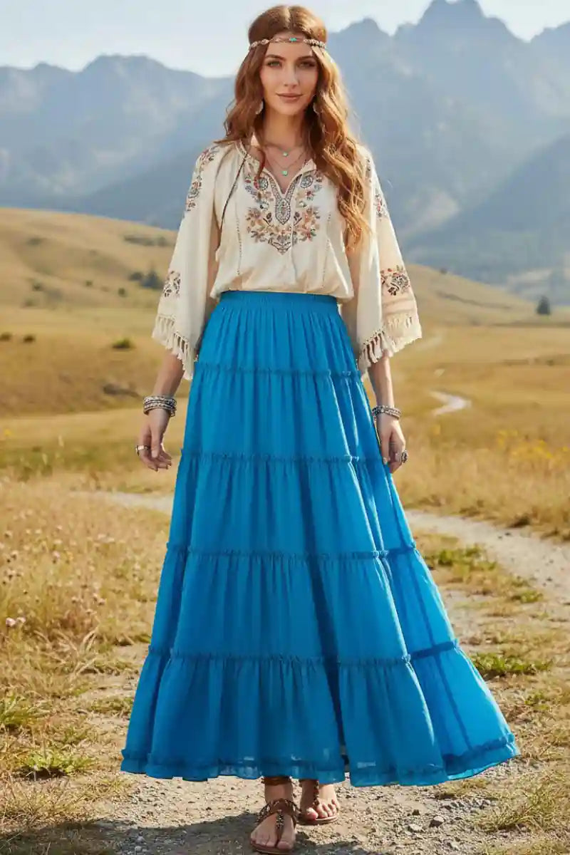 Boho Long Airy Pleated Skirt